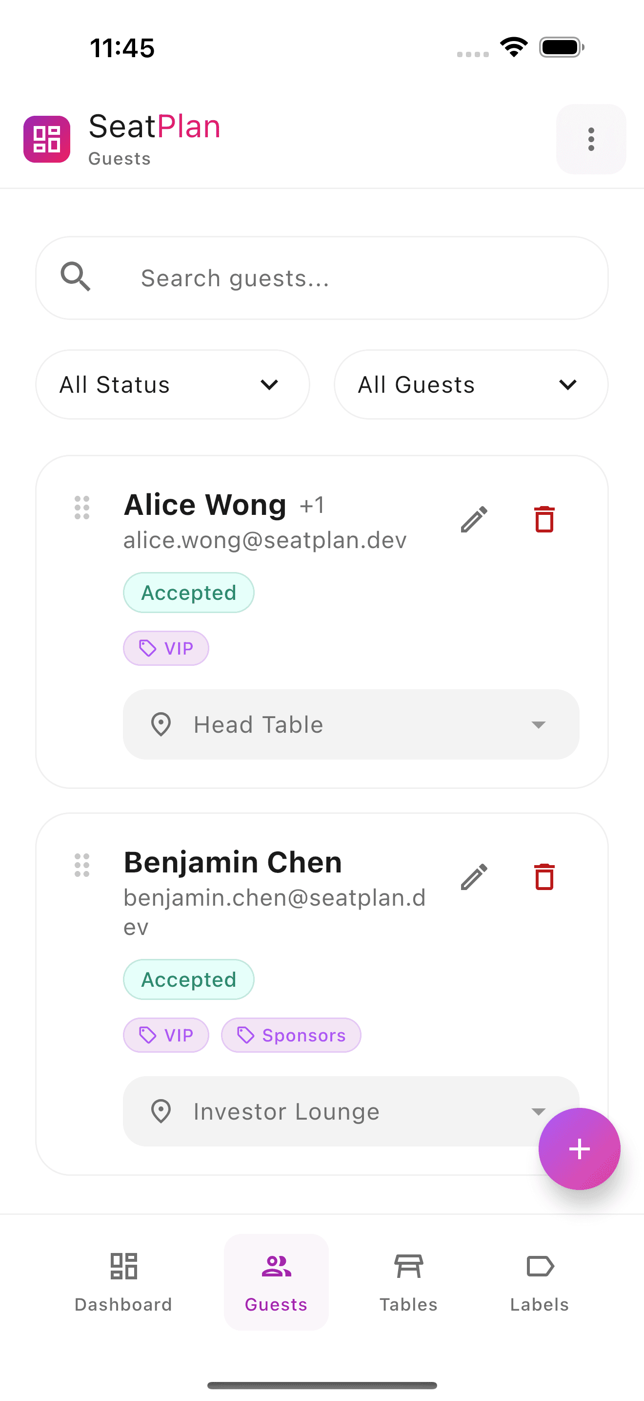 SeatPlan guest list on iPhone showing RSVP status and attendee details.